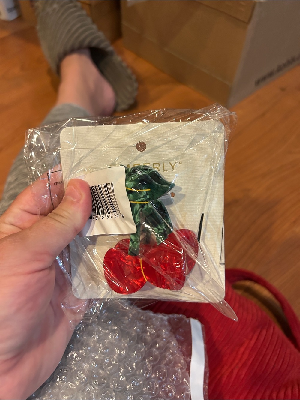 Acrylic Red Cherry hair clip  with Green Leaves